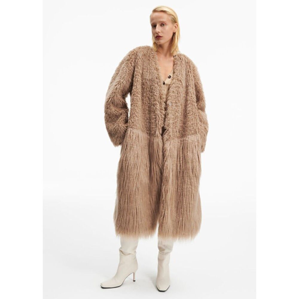A.W.A.K.E. Mode x & Other Stories Faux Fur Long Coat Camel Beige Size US S